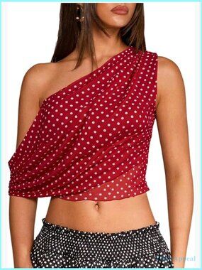 Sheer Polka Dot Crop Tank Top Off Shoulder Y2K Summer Casual